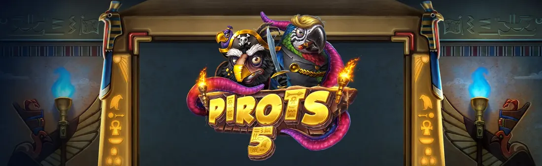 Pirots 5 slot banner with an Egyptian tomb