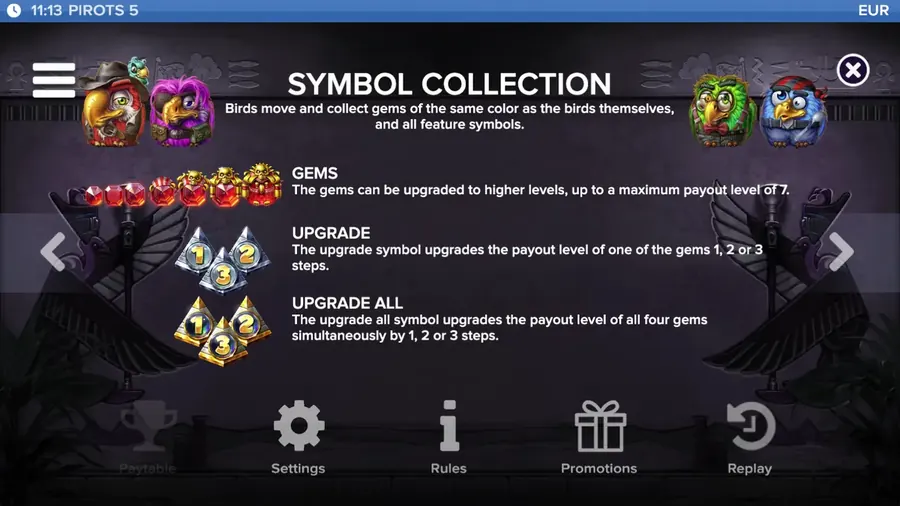 Pirots 5 symbol collection and upgrades on the grid